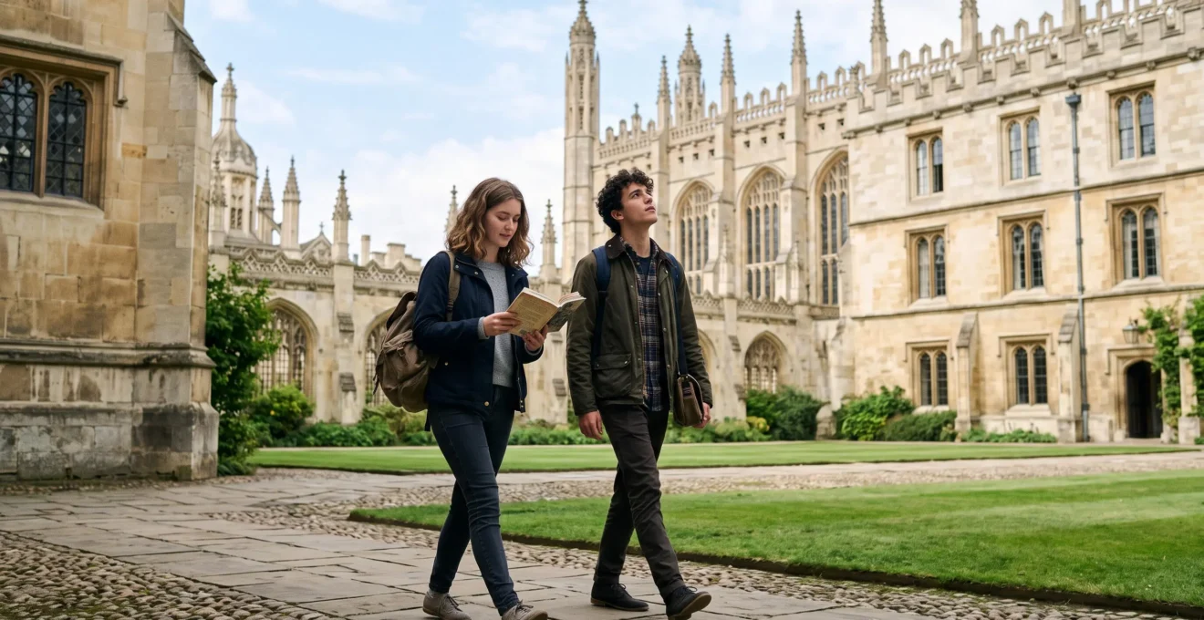 Deux étudiants marchant dans la cour d'un collège universitaire historique de Cambridge, l'un consultant un guide de voyage.
