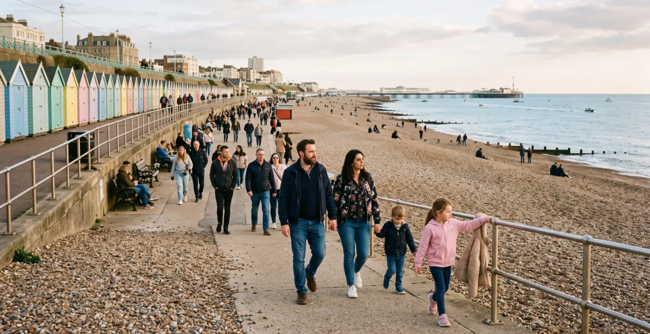 Familles et visiteurs marchant sur la promenade du front de mer de Brighton, avec la plage de galets et les cabines colorées en arrière-plan.
