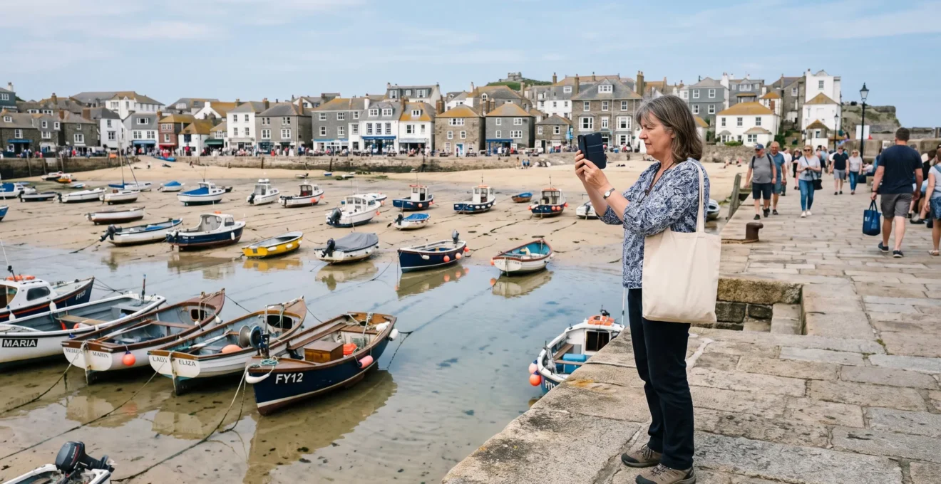 Une visiteuse photographiant les bateaux de pêche amarrés dans le port de St Ives en Cornouailles, un matin ensoleillé.