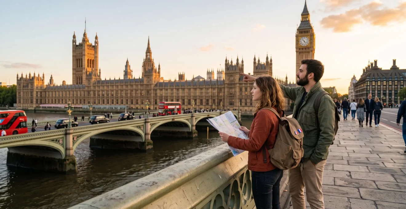 Un couple de voyageurs avec une carte papier sur le pont de Westminster, regardant le palais de Westminster et Big Ben au coucher du soleil à Londres.